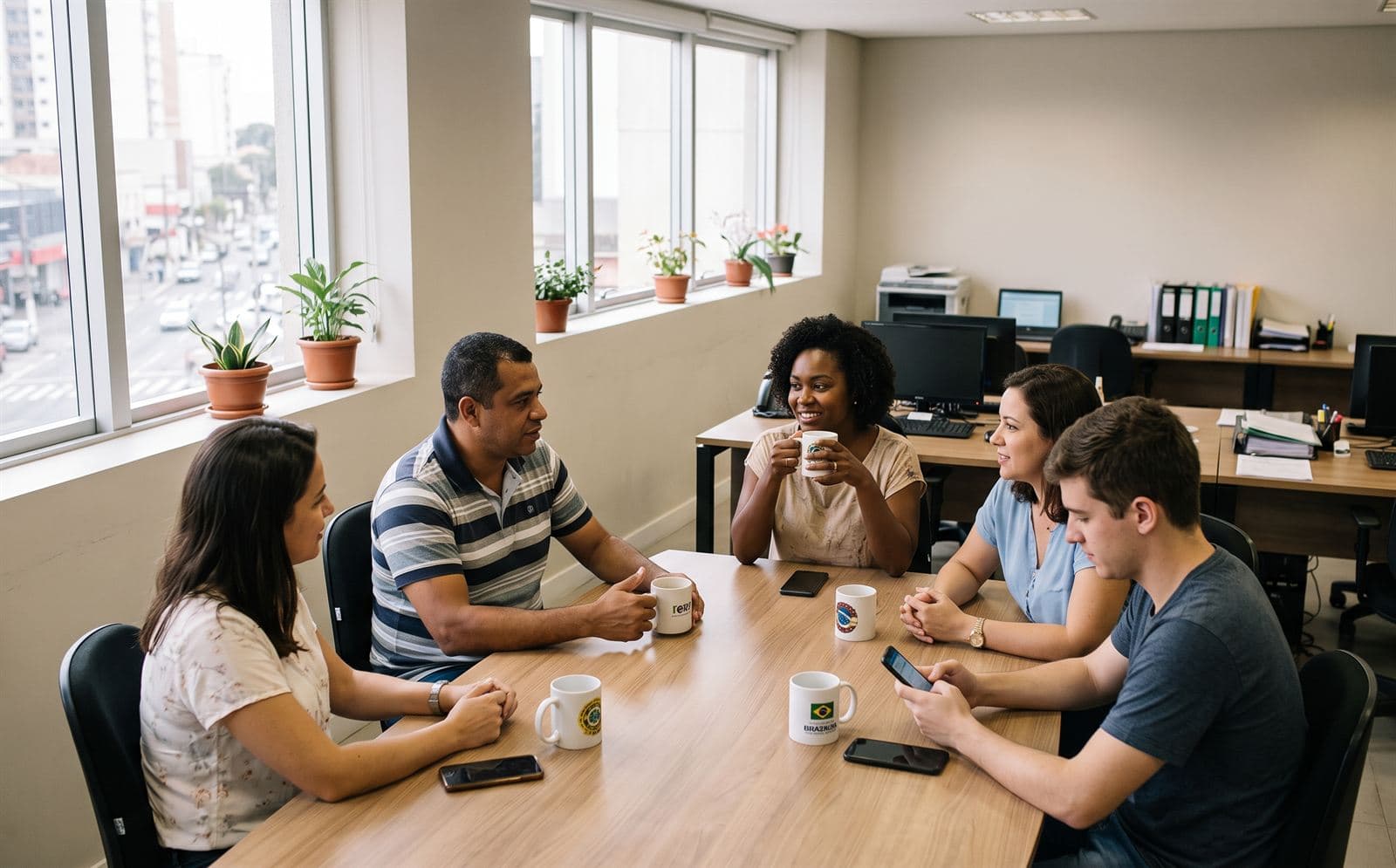 Colegas reunidos ao redor de uma mesa, conversando no ambiente de trabalho