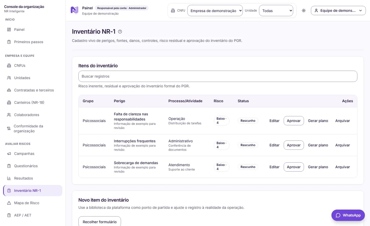 Tela do inventário de riscos da NR Inteligente, com perigos registrados, processo, nível de risco e situação de aprovação. Dados fictícios.